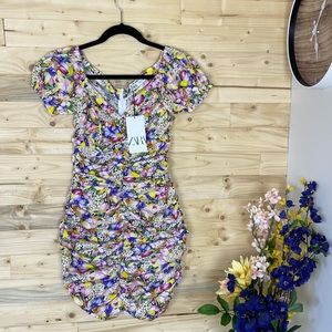 Zara Floral Rushed Puffed Sleeves Mini Dress NWT